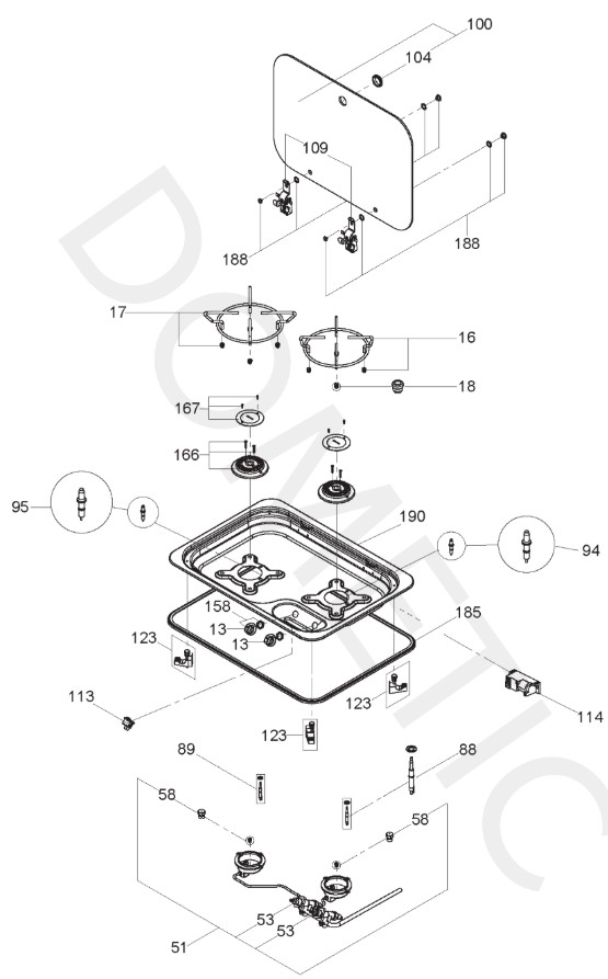 Eclaté HBG 2335 Dometic - plan de cuisson gaz 2 feux à couvercle pour van et camping-car